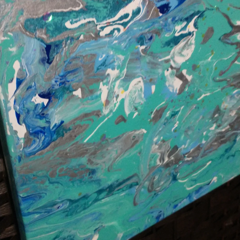 UNDERWATER FANTASY - Original Painting, 16x20 - Turquoise, Blues, Silver, White - Picture 15 of 16